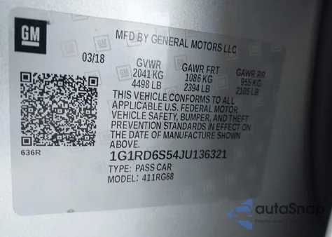 2018 Chevrolet Volt Premier z USA, uszkodzony, nr VIN 1G1RD6S54JU136321